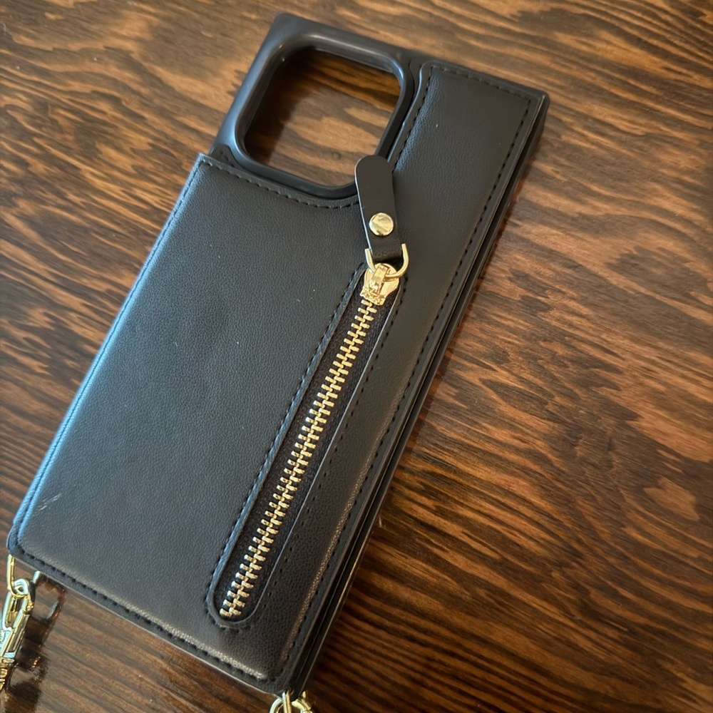 Black iPhone Case with Gold Zipper and shoulder strap